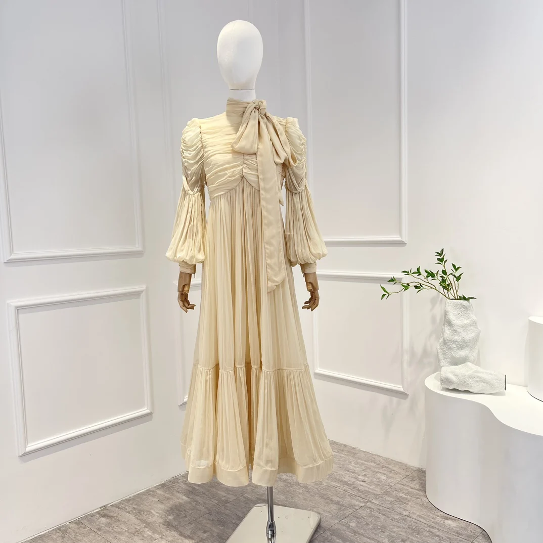 

2023 Spring Summer Top Quality Solid Elegant Vintage Frill Beige Lace Up Folds Long Lantern Sleeve Midi Dress