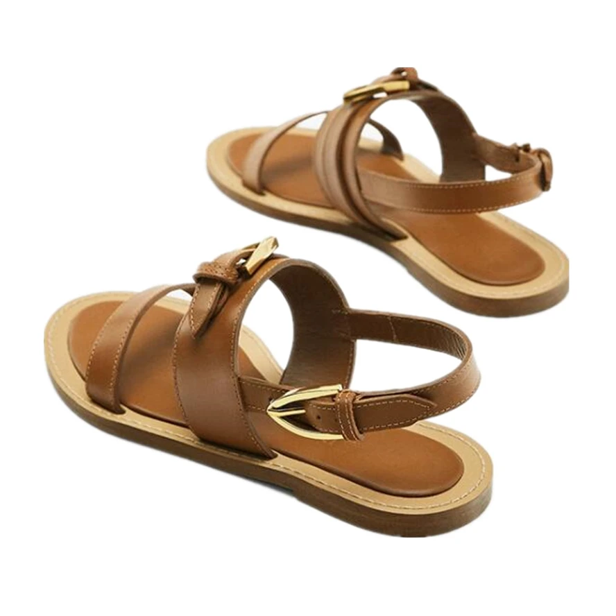 Elmsk French Vinatge Fashion Blogger Ladies Metal Buckle Genuine Leather Flat Sandals Summer Sandals For Women