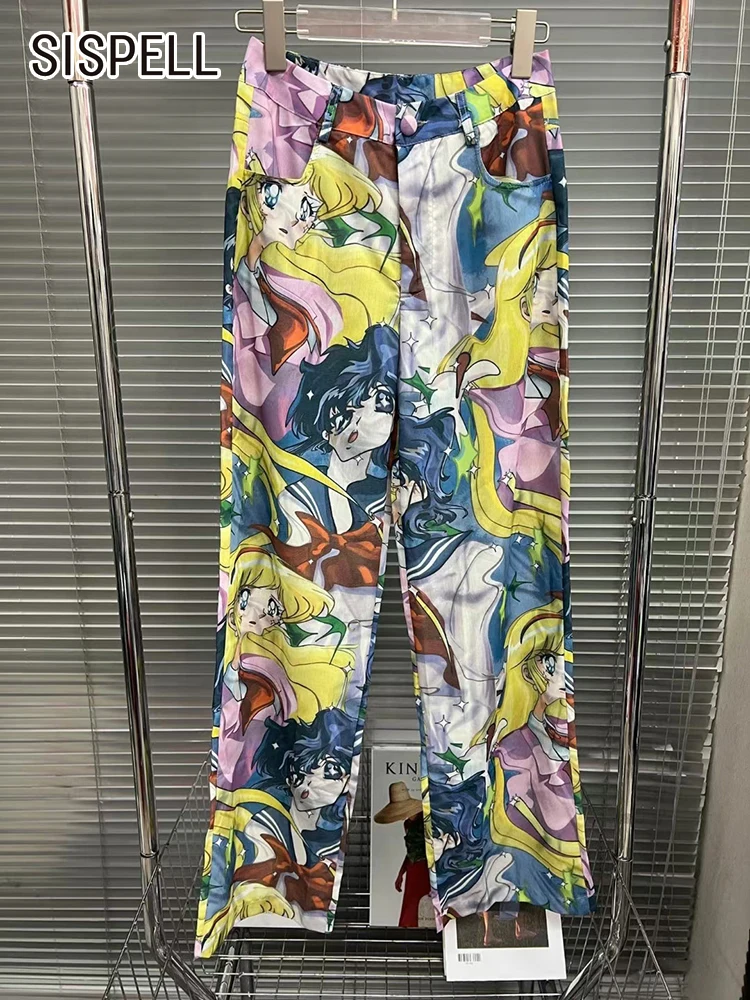 

SISPELL Sailor Moon Printing Casual Trousers For Women High Waist Patchwork Pockets Loose Wide Leg Pants Female Summer 2023 New