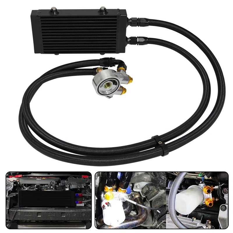 Маленький двойной проходной масляный радиатор "Core" с фильтром и адаптером термостатического клапана 80 градусов.