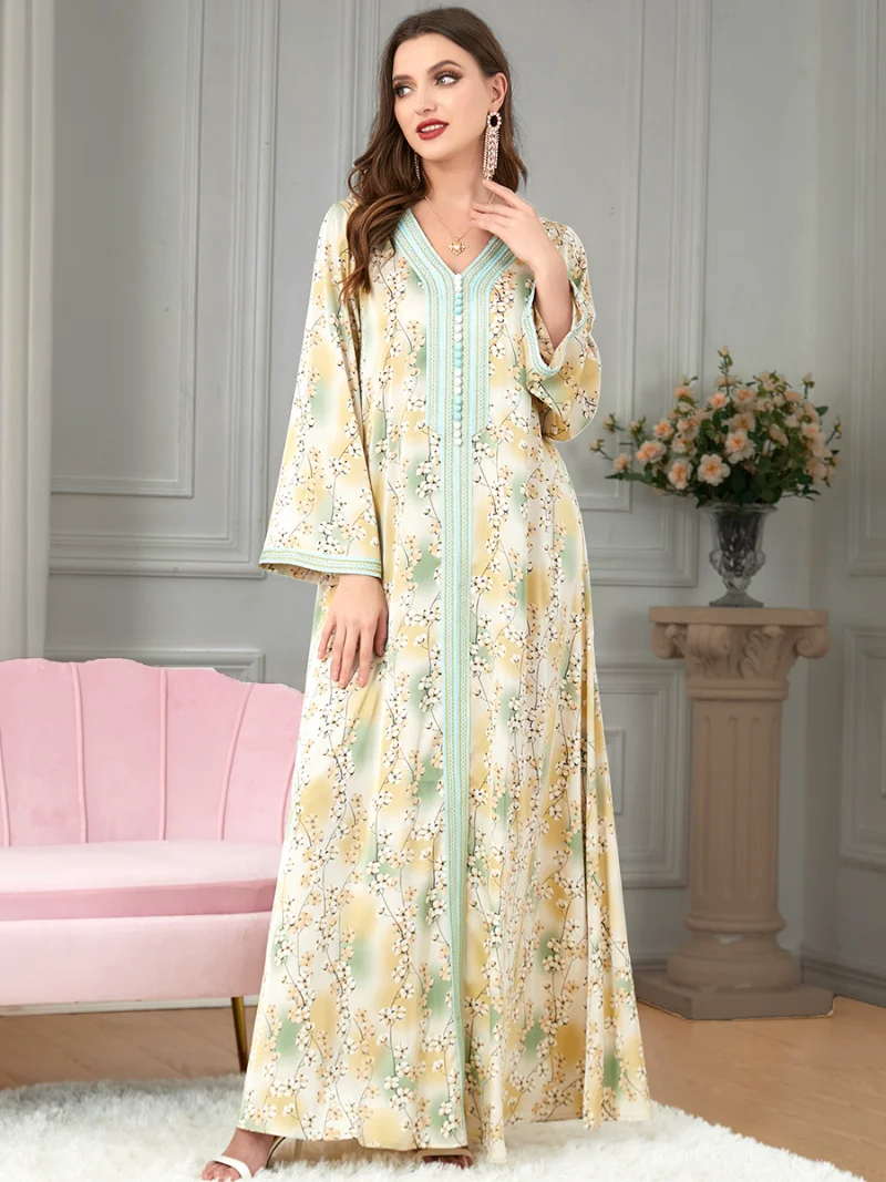 

Floral Printed Abaya Arabic Long Dress Women Eid Ramadan Satin Loose Muslim Dresses Moroccan Kaftan Dubai Turkish Modest Abayas
