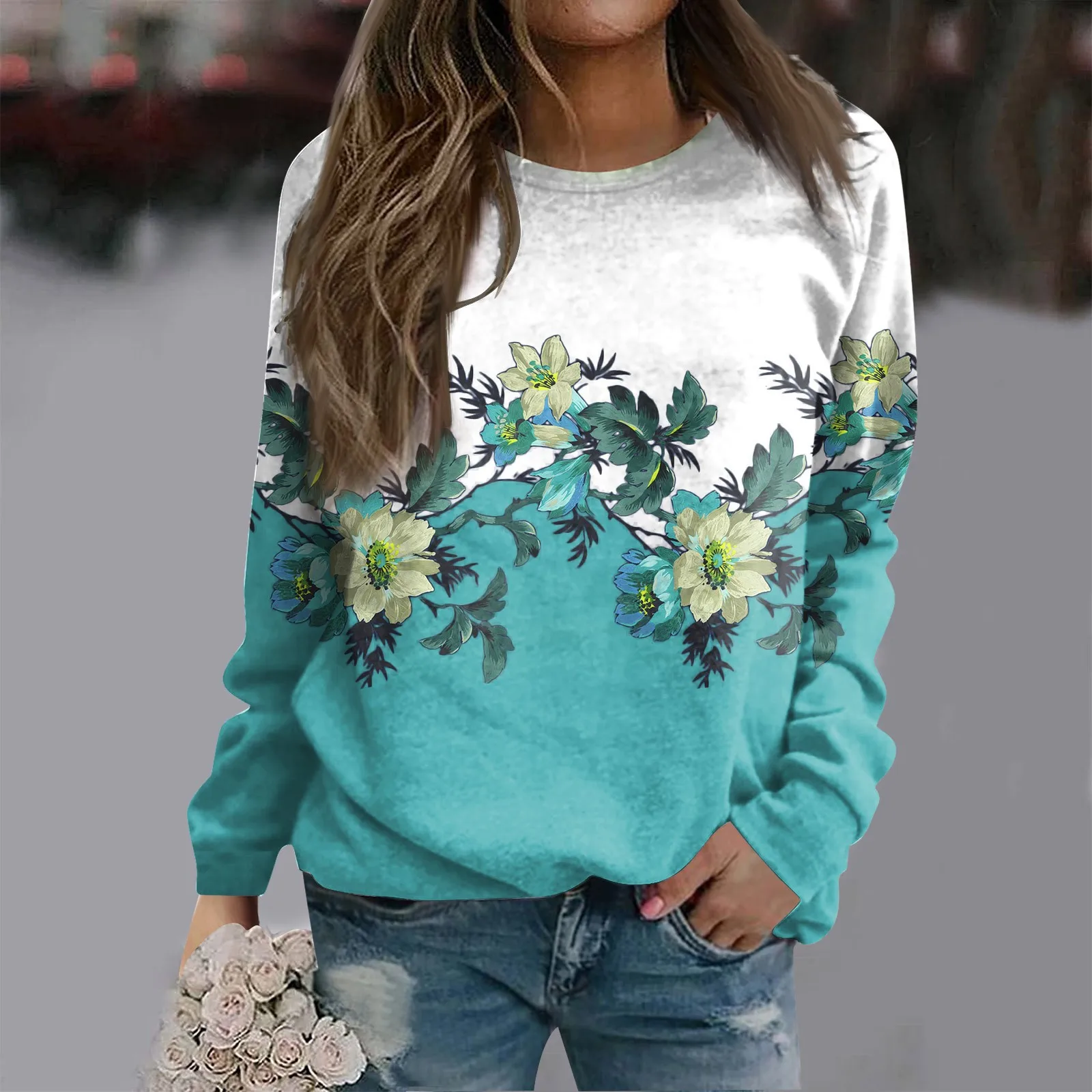 

Flower Leaf Elements Printed Women's Gaunt Gaunt 2023 Autumn New Women's Circles Round -neck sweater versatile women's hood