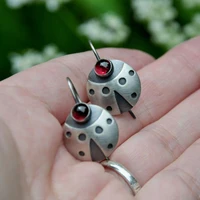 vintage round ladybug earrings creative animal inlaid red stones metal silver color hook dangle earrings for women jewelry