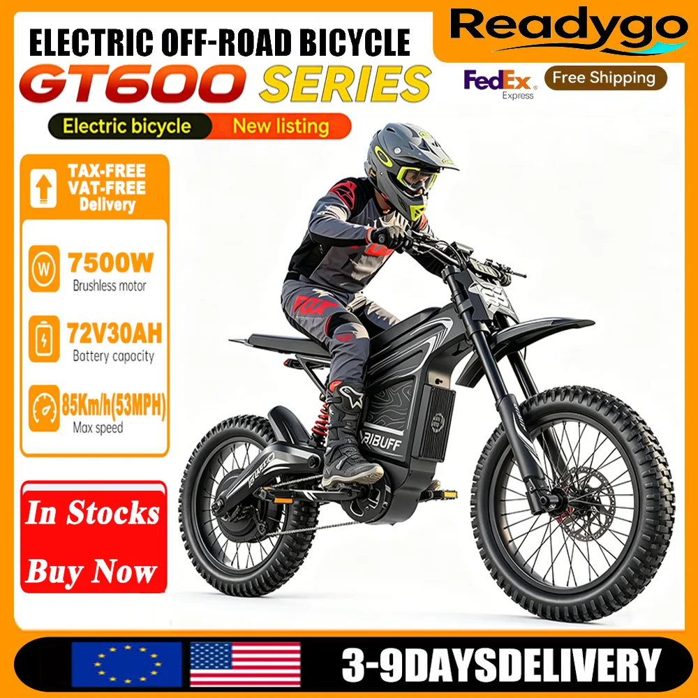 Фото Электровелосипед EKXBike Readygo BIBUFF GT600 для бездорожья, 7500 Вт, 50 миль/ч, 72В 30Ач, 100 миль пробега, гидравлические тормоза, полная подвеска, электрический внедорожный мотоцикл №1