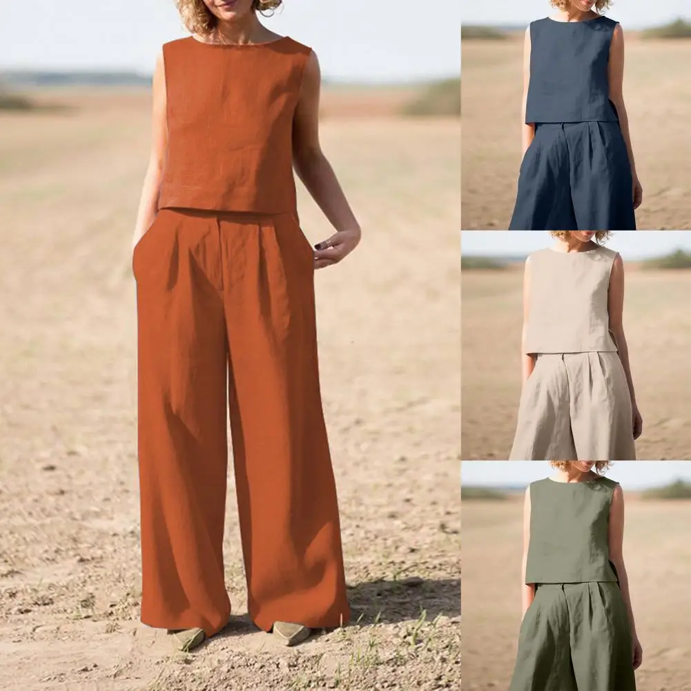 

2Pcs/Set Women Solid Color Cotton Linen Simple Sets Spring O Neck Sleeveless Tank Top Wide Leg Pants Outfits Summer Solid Suit