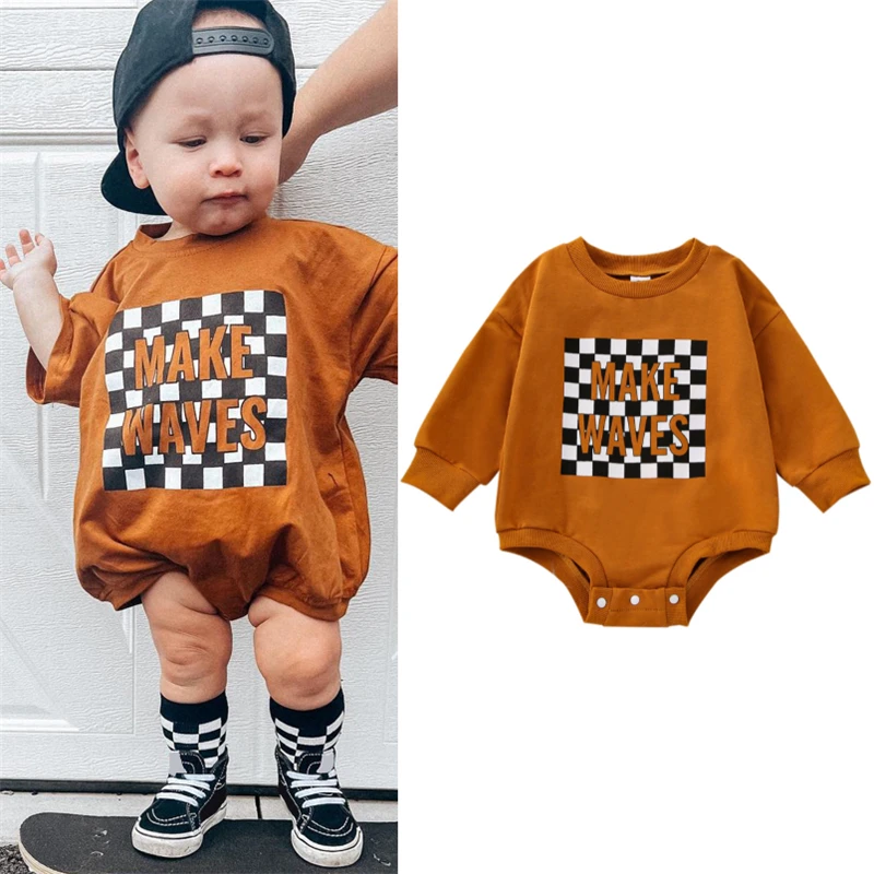 

Infant Baby Autumn Jumpsuit Checkerboard Letter Print Long Sleeve Round Neck Romper 0-24M