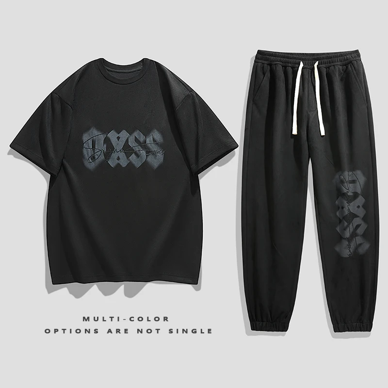 Summer Faux Suede Short Sleeve T-Shirt Letter Print +Trousers Tracksuit 2 Piece Man Fashion Hip Hop Casual Large Size Clothing