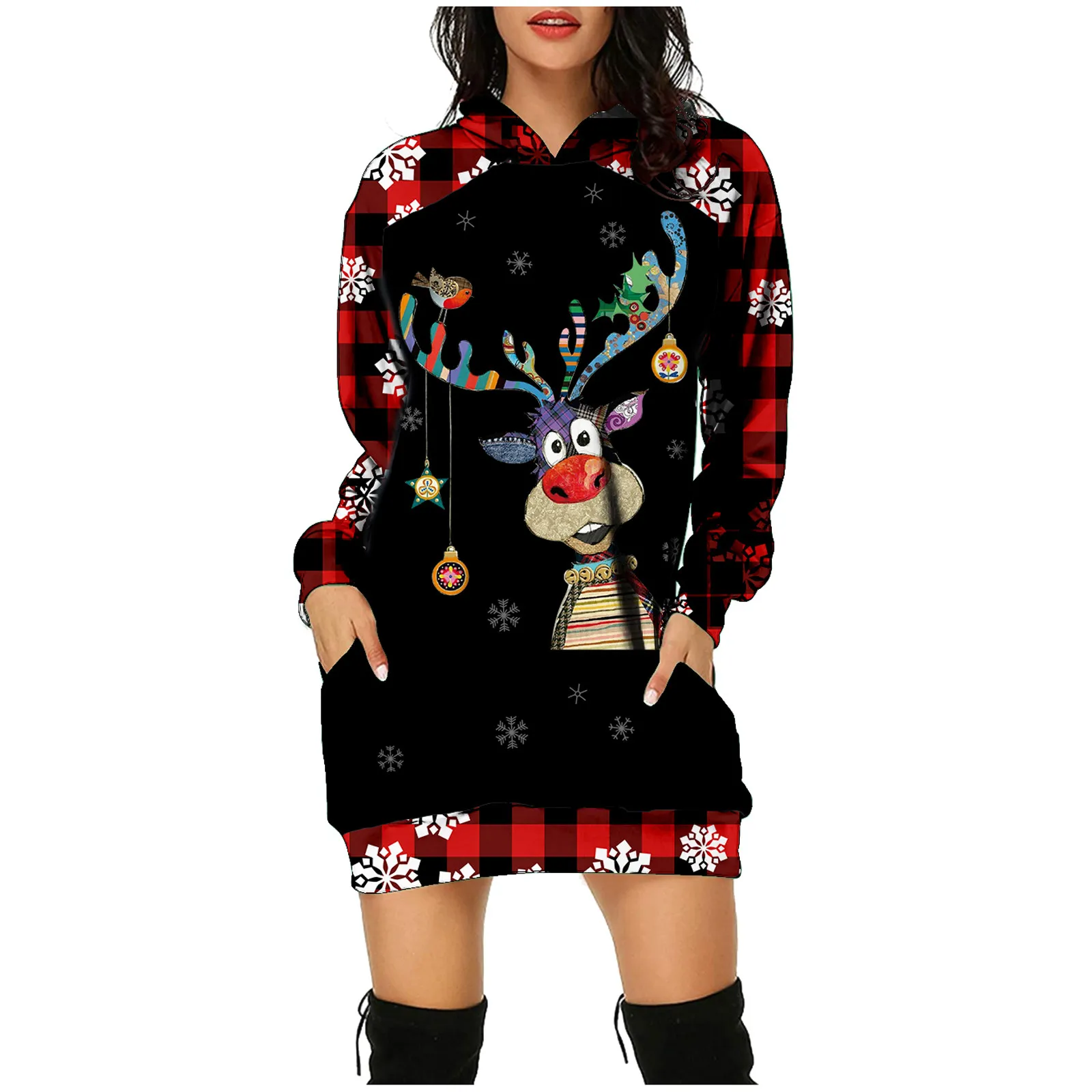 

Merry Christmas Dress 2023 Ladies Fashion Christmas Hoodie Wrap Hip Long Sleeves With Pockets Print Casual vestidos de mujer