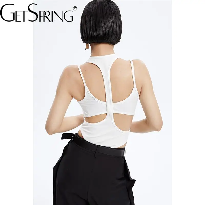 

GetSpring Women Bodysuits Hollow Out Slim Short Sexy Suspender Top Backless Sleeveless Hot Summer Bottoming Top 2022 New Arrival