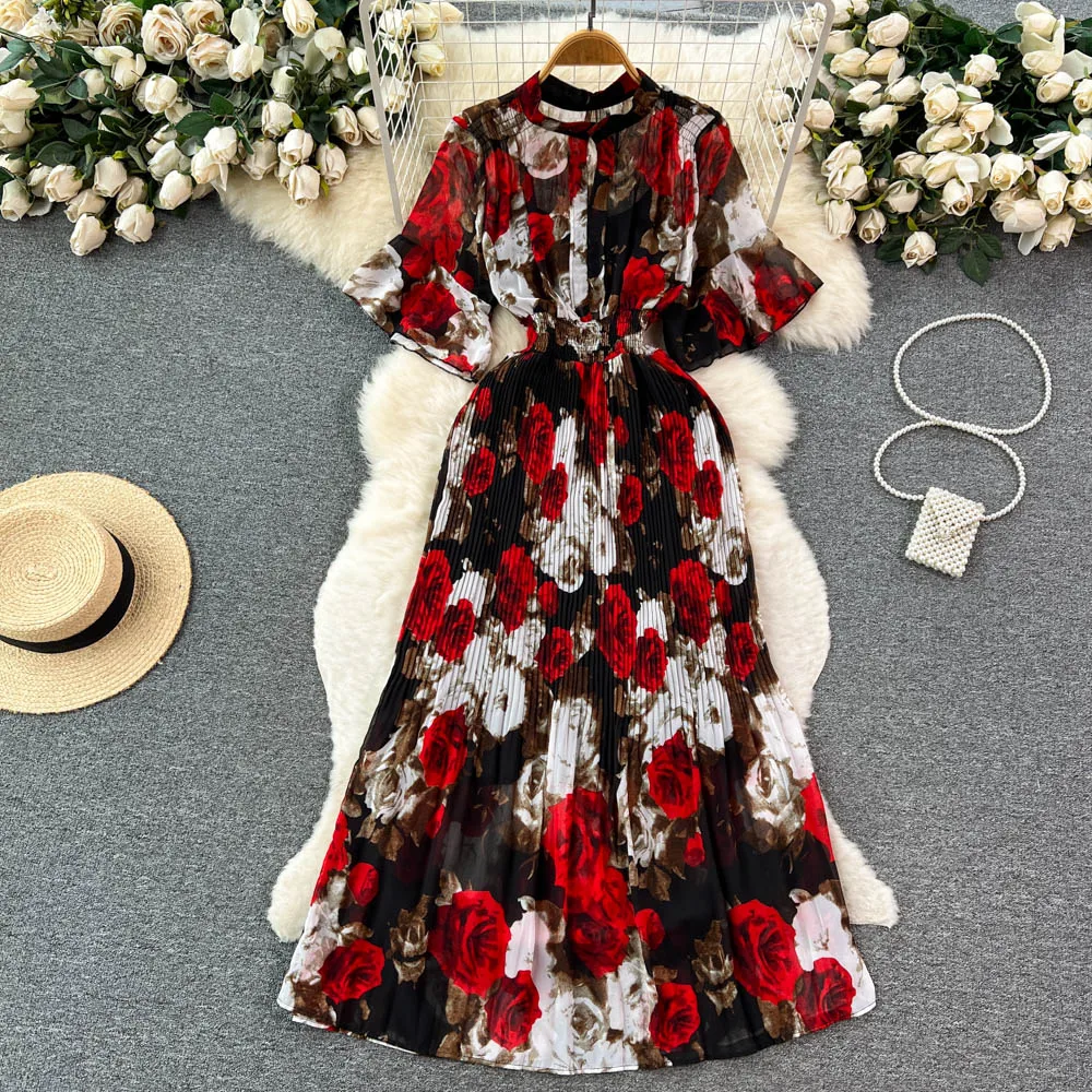 

Summer Thin Stand Neck Short Flare Sleeve Flower Print Dress Women New Fashion Elastic Waist Thin Chiffon Pleated Vestidos K228