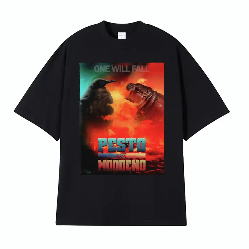 Pesto The Penguin Vs Moo Deng Забавная футболка Dank Meme Детская с бегемотом Мужская женская