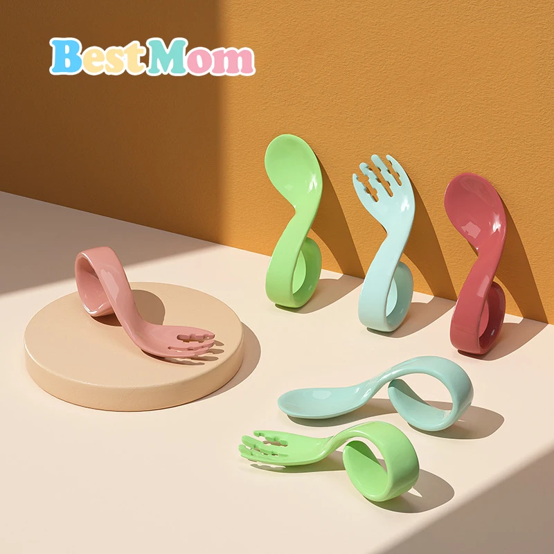 

Children Learn To Eat Training Spoon Kids Feeding Utensil Toddler Cutlery Infant Food Ringed Curved Handle Baby Spoon and Fork