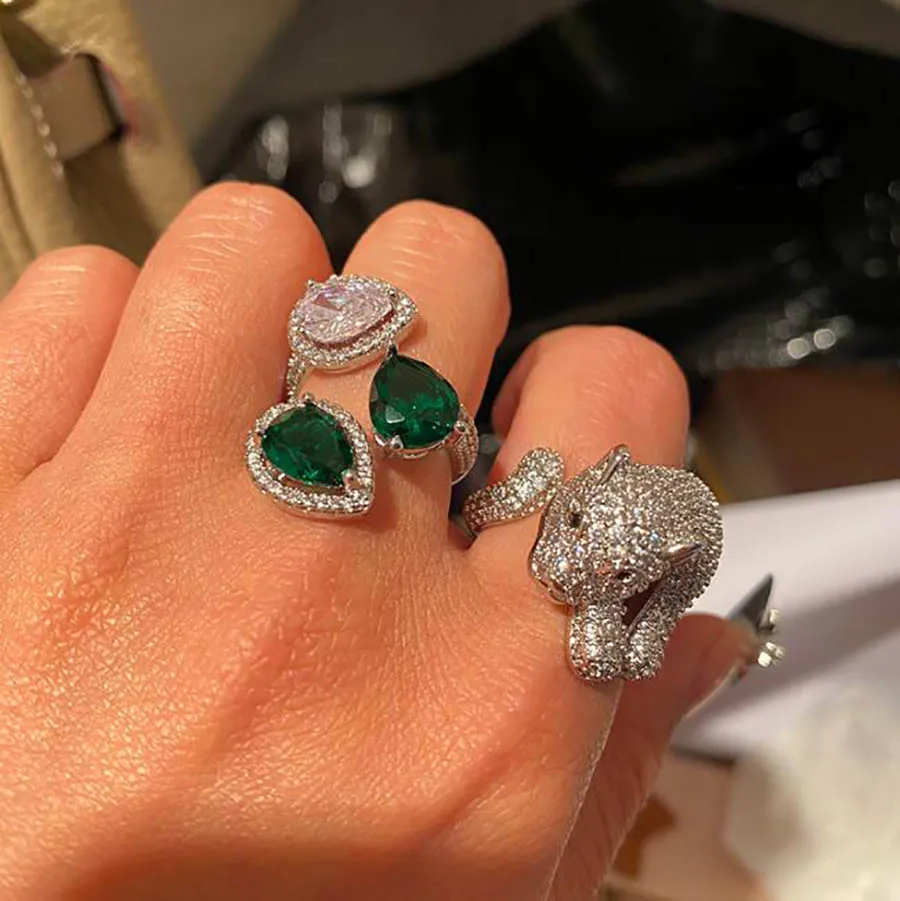 

High-quality leopard diamond green leaf ring FASHION women opening animal zircon men women classic finger accessoy
