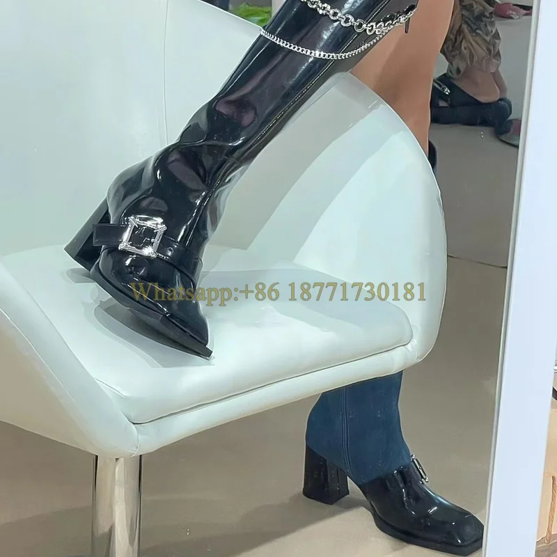 Denim Mixed Colors Square Toe Block Heel Boots Metal Chain Knee-High Boots Woman Winter 2022 Black Side Zip Buckle Skinny Boots