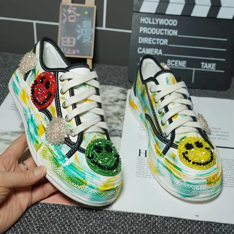 

Hand-made custom pattern hand-painted graffiti canvas shoes low-top lace-up sneakers walking casual shoes 35-40