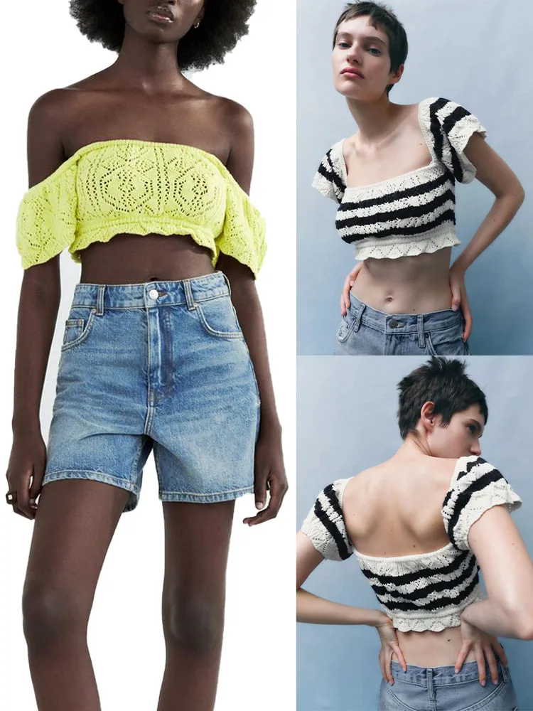 Женский Короткий трикотажный пуловер с открытой спиной и коротким рукавом |