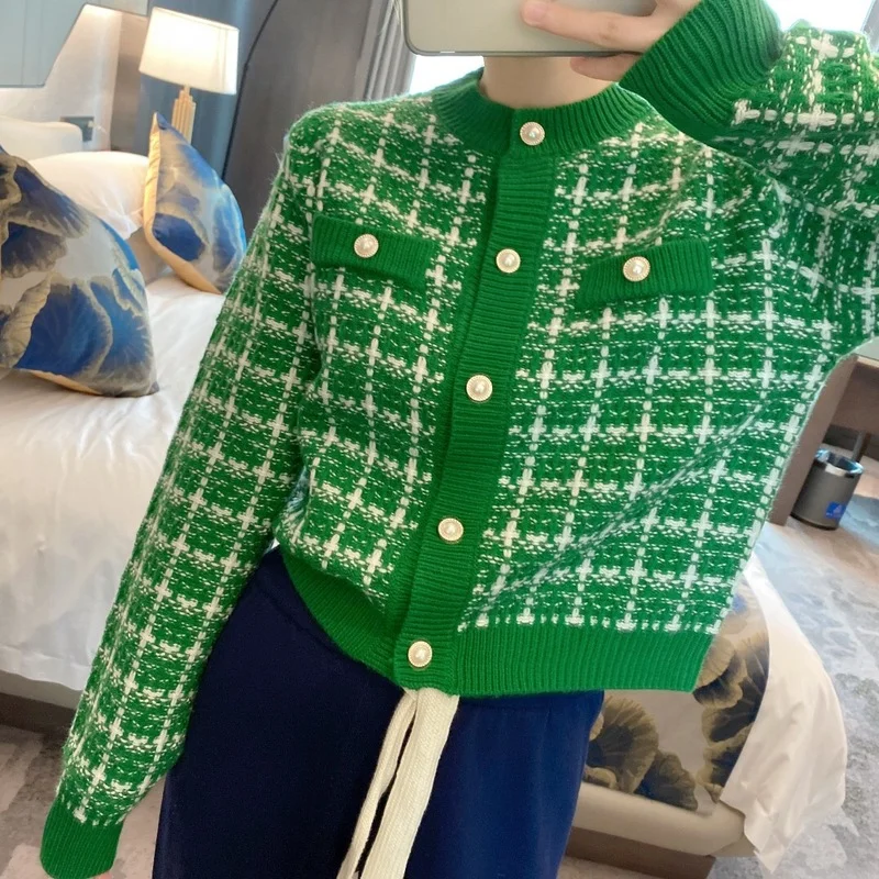 

Retro Knitted Cardigan 2022 spring High End Plaid Women Sweater Loose slim black Knitted Casual Tops Ladies Vintage Sweaters