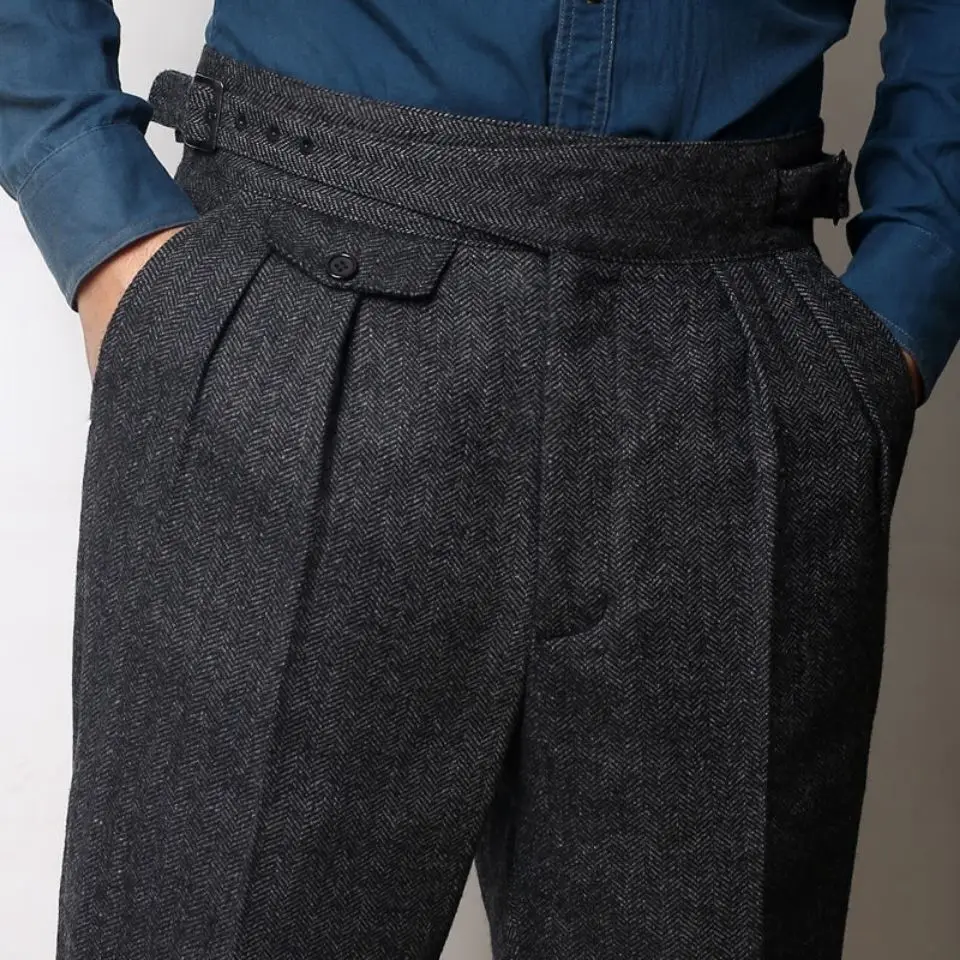 

2022 New Design Men High Waist Trousers Solid England Woolen Casual Pants Fashion Straight Slim Fit Trousers Clothing Z237