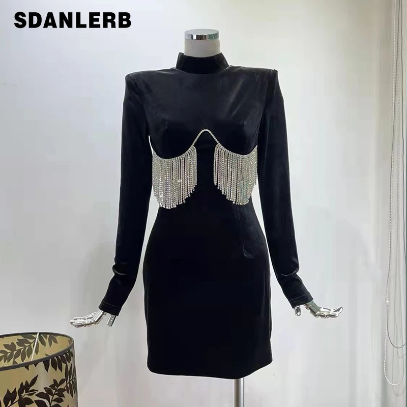 

New Elegant Socialite Evening Dress Underskirt Spring High-Grade Velvet Long Sleeves Dress for Women Mid-length Black Dress