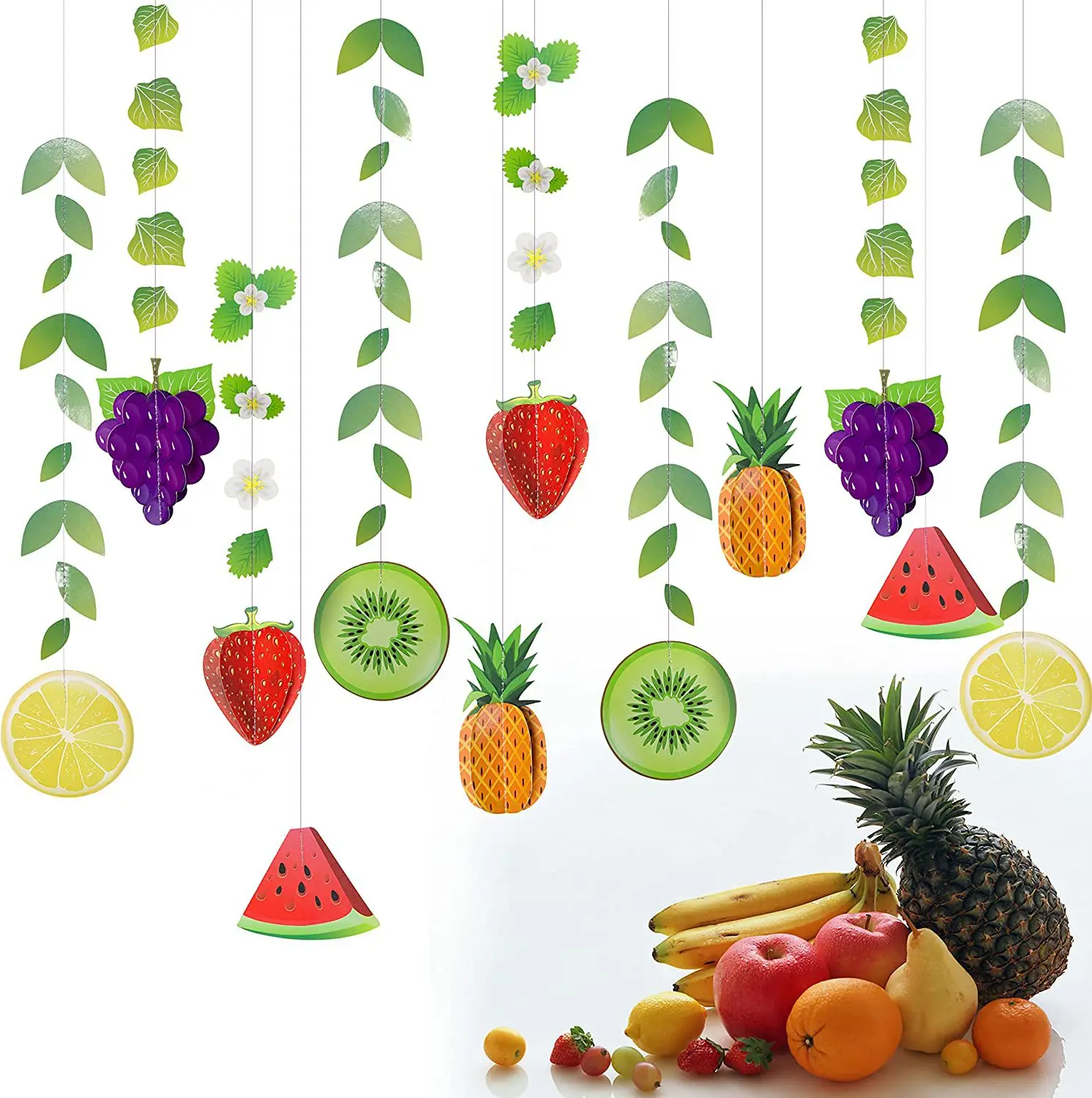 

12pcs Tropical Fruit Paper Garland Greenery Leaves Hanging Streamer Banner for Spring Summer Baby Shower Birthday Party Supplies