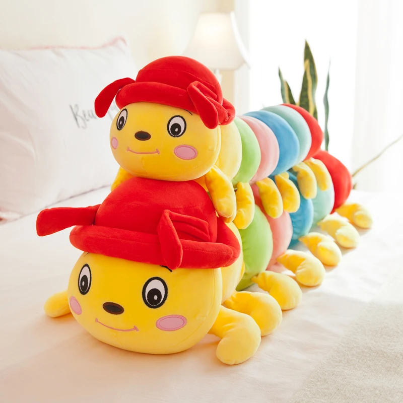 

125cm Cute Soft Caterpillar with Hat Plush Toys Office Nap Stuffed Animal Pillow Home Comfort Cushion Gift Doll for Kids Girl