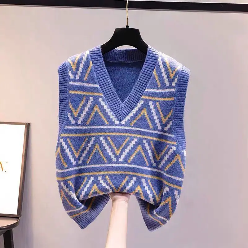 

Spring Autumn Loose Casual V-neck Patchwork Sweater Vest Women Sleeveless All-match Knitting Pullover Female Vintage Jumper H40