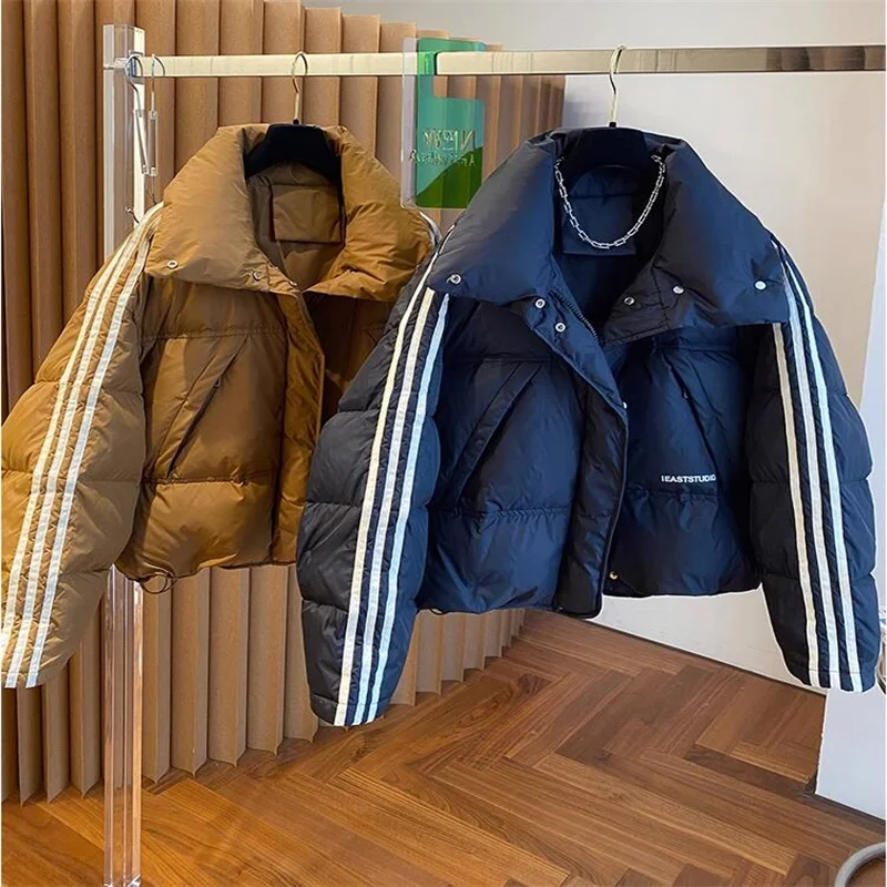 

Women Down Jacket Stripe Design Sense Winter Loose White Duck Down Short Coats Warm Thicken Stand Collar Black Yellow Fashion