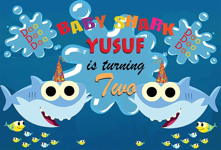 

7x5ft Personalized Doo Doo Little Shark Under Sea Happy Birthday Bash Custom Outdoor Washable Polyester Polycotton 220cm x 150cm