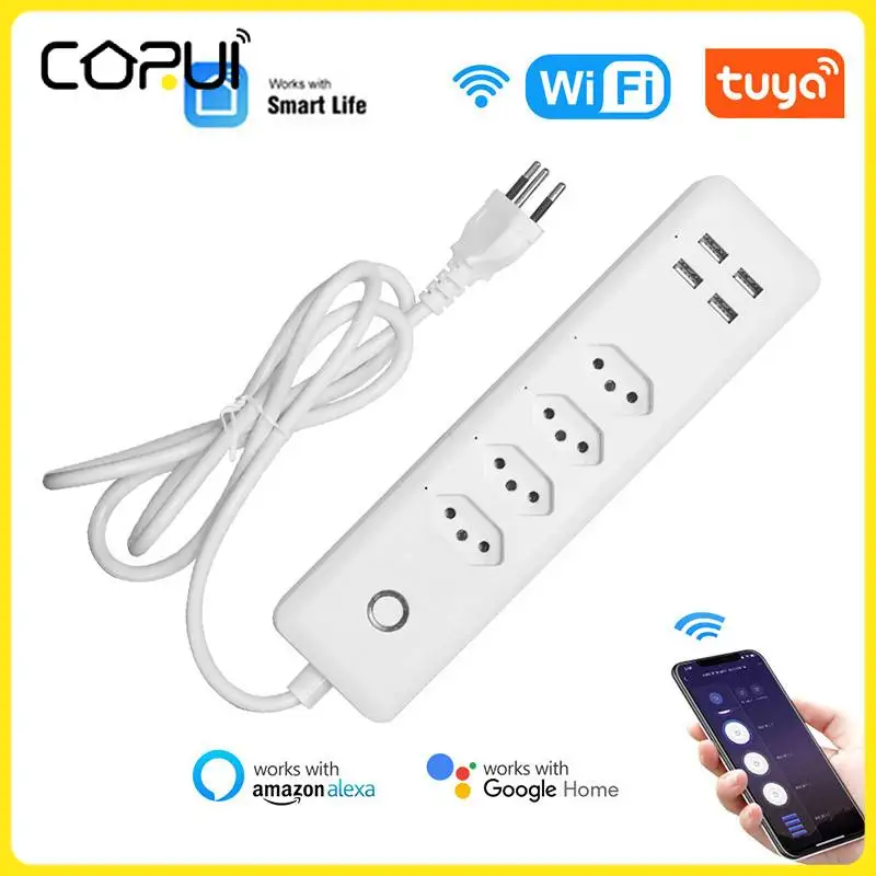 

Tuya Wifi Smart Power Strip 4 BR Standard Outlets Plug With 4 USB Charging Port Timing App Voice Control Work With Alexa Google