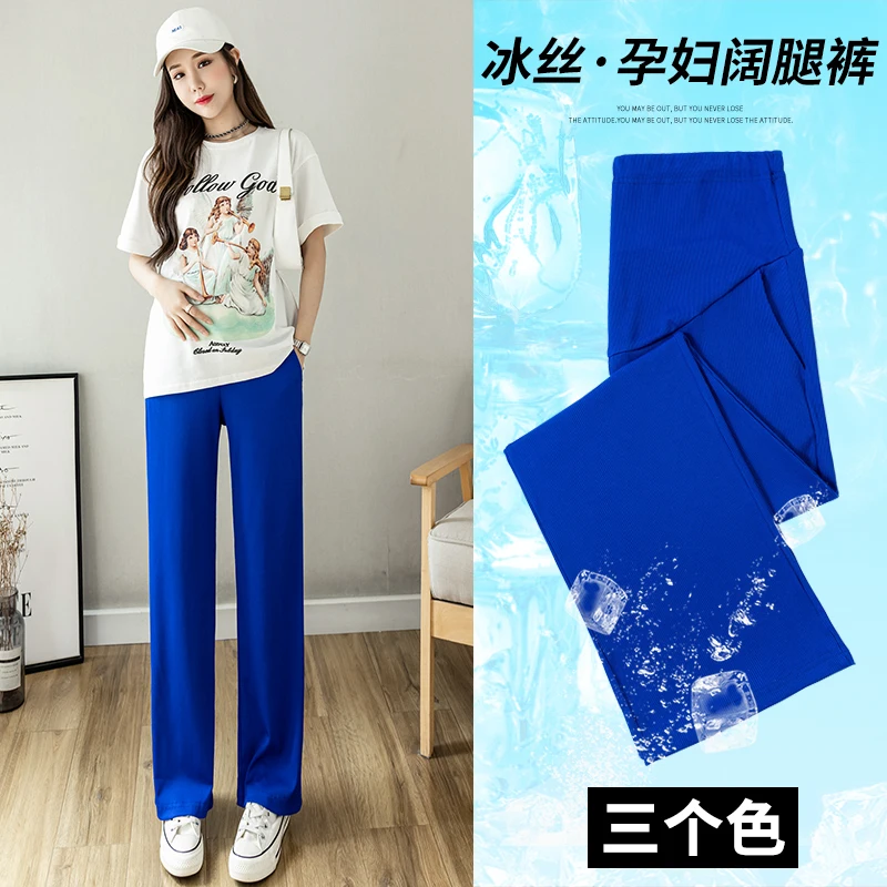 

2201# Summer Ice Cool Chiffon Maternity Straight Long Pants Wide Leg Loose Belly Clothes for Pregnant Women Pregnancy Trousers