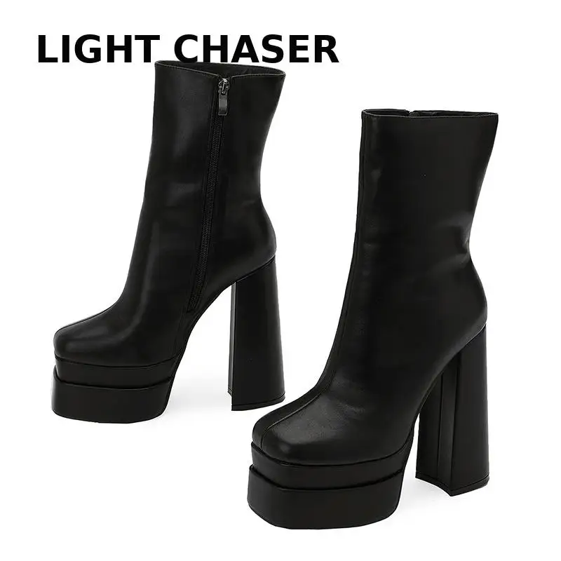Square Head Thick -heeled Women's Boots Waterproof Table Zipper To Increase Naked Boots Comfortable High Heel Short Boots Female