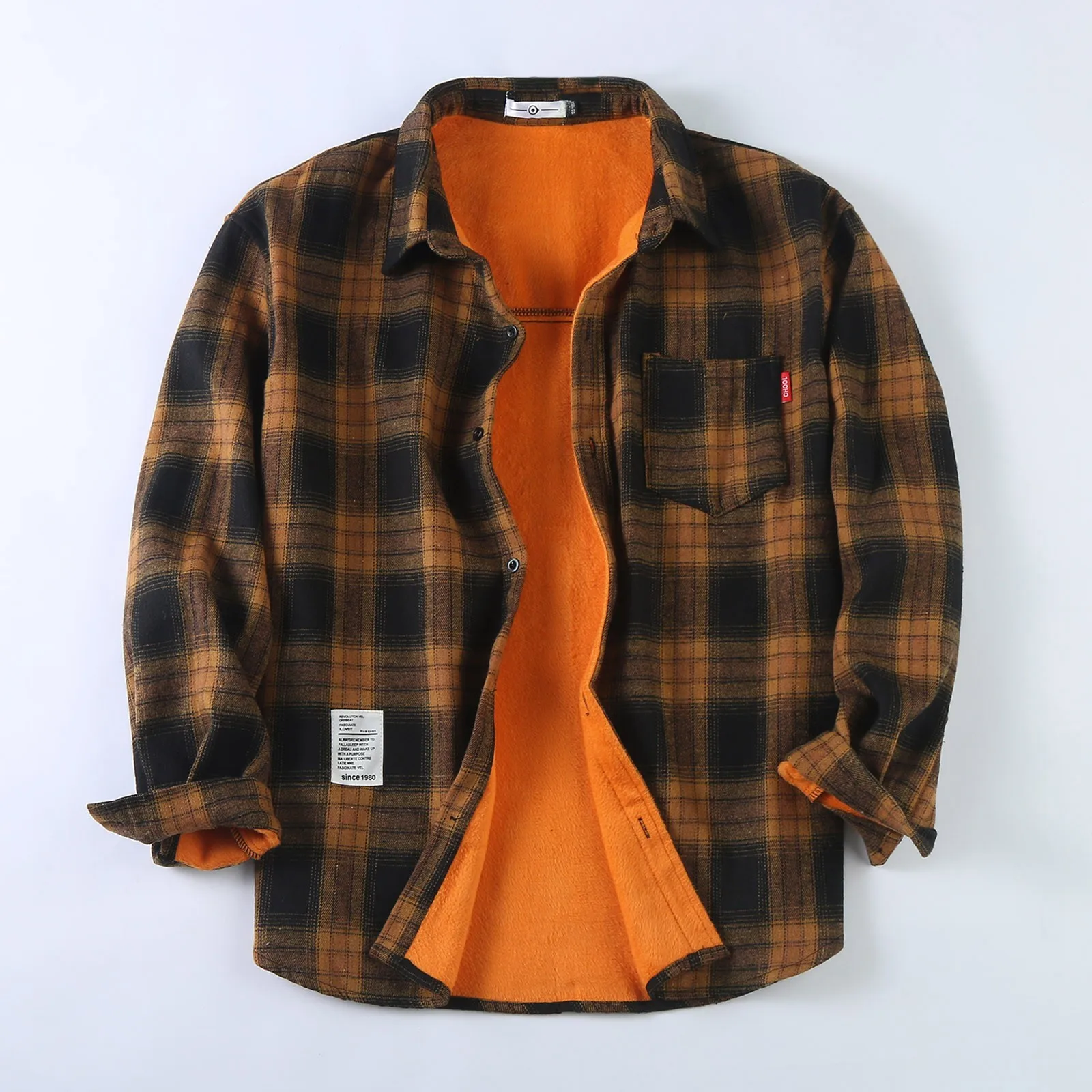 

Male Autumn And Winter Warm Fashion Casual Plaid Square Lapel Pocket No Hood Buckle Quilted Jacket Top Overshirt Button Shirts