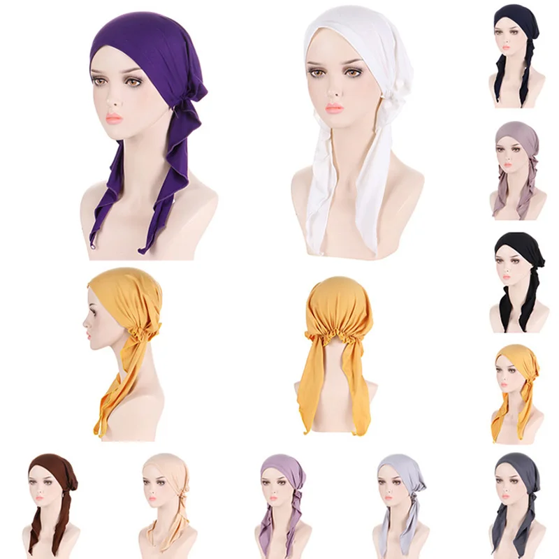 

Solid Color Muslim Women Turban Cap Long Tail Pre-Tied Cap Wrap Beanies Bonnet Stretch Inner Hijab Bandana Headscarf Hats