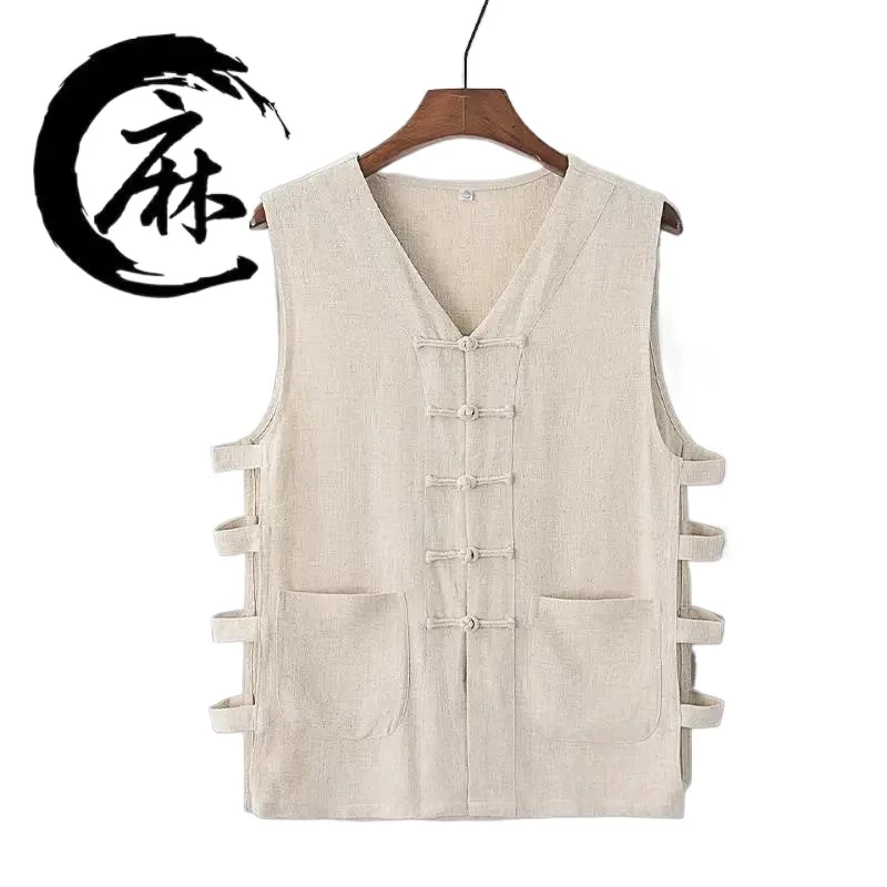 

Tang Suit Traditional Chinese Clothing for Men Tee Tops Kung Fu Vests Cotton Linen Sleeveless Viking Pirate Blouse T-Shirt Coat