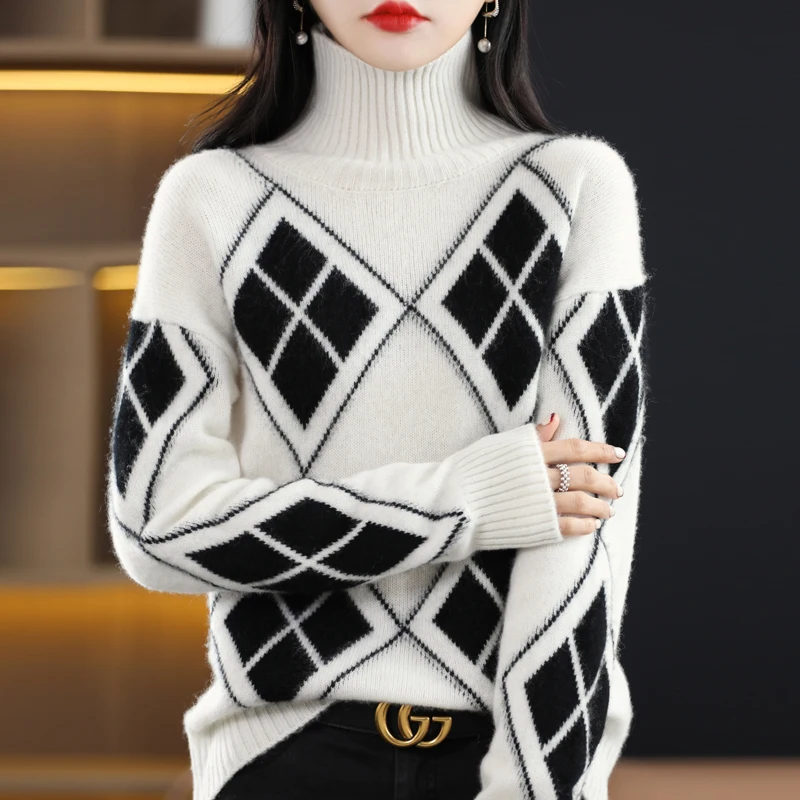 

Winter Woman's Sweater Fashion New Style Jumper Loose Large Size Tops Female Pullover Long Sleeve Turtleneck 100% Wool Cnitted