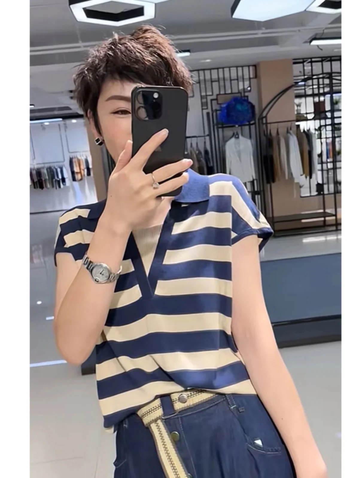 Модная вязаная женская летняя футболка в полоску из ледяного шелка новая