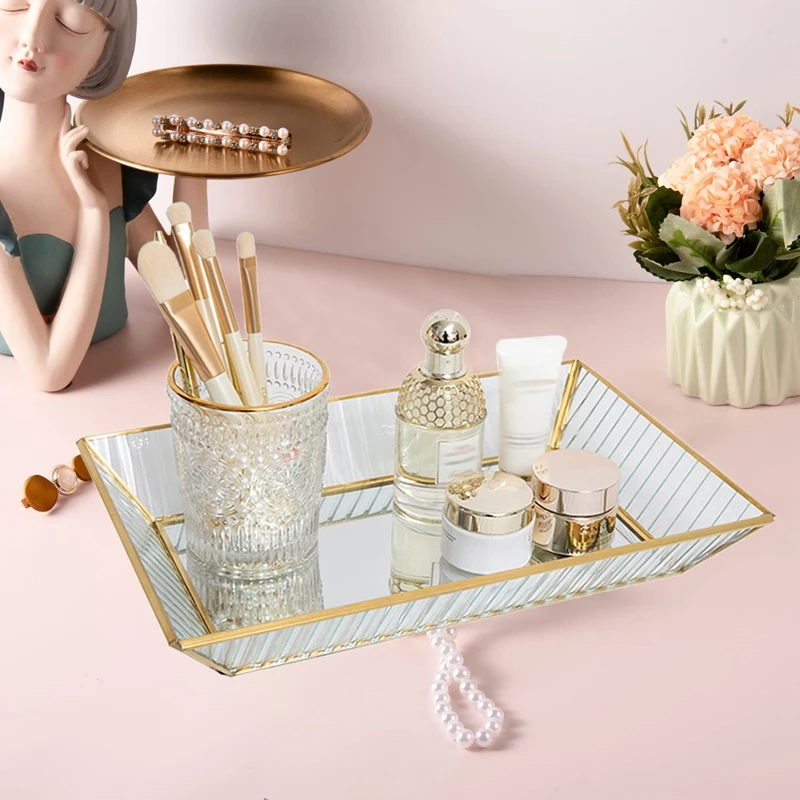 

Mirrored Glass Makeup Tray Vintage Gold Metal Decorative Jewelry Tray Vanity Cosmetic Perfume Organizer For Dresser