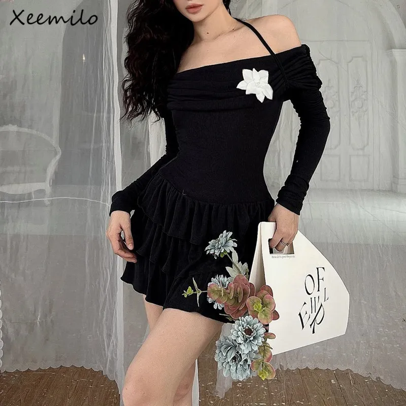 

Элегантное милое платье Xeemilo с воротником-лодочкой, женские сексуальные платья с длинным рукавом, открытыми плечами и лямкой на шее, красивые платья с цветочной аппликацией для девушек