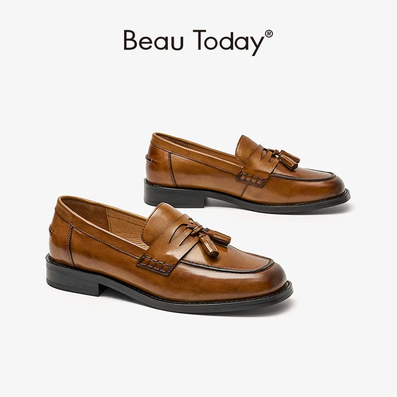 

BeauToday Leather Loafers Women Genuine Calfskin Round Toe Slip-On Fringe Spring Autumn Ladies Flats Shoes Handmade 26081