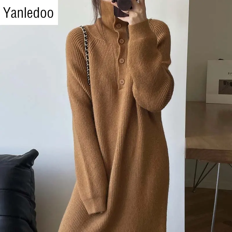 

Korean Version Stand Collar Woolen Dress Winter New Loose Slim Solid Color Lapel Casual Medium Long Underlay Knitted Dresses