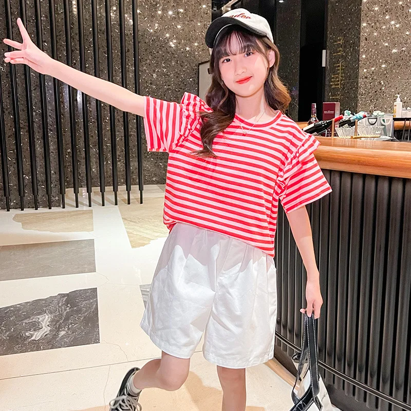 

Комплект одежды для девочек, летний детский спортивный костюм, футболка в полоску с коротким рукавом и шорты, костюмы из 2 предметов, детская...