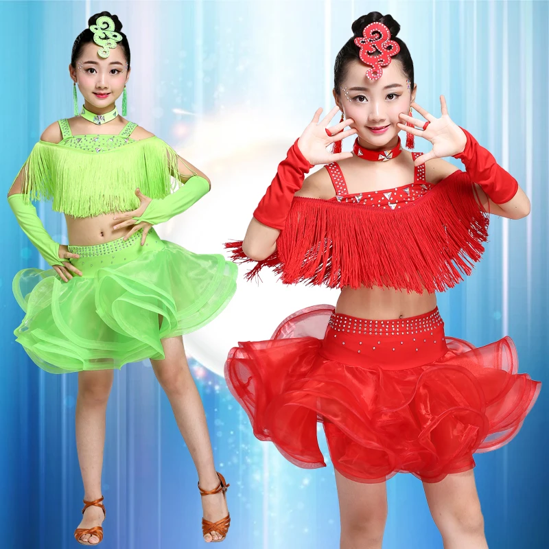 

Tassels Girls Ballroom Latin Dance Clothes Kids Salsa Performance Costumes Girls Sequined Figure Skating Dress Rave Outfits