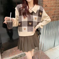 womens knitted vest preppy style plaid v neck pullover womens jumper korean style winter woman vest loose y2k sweater knitted