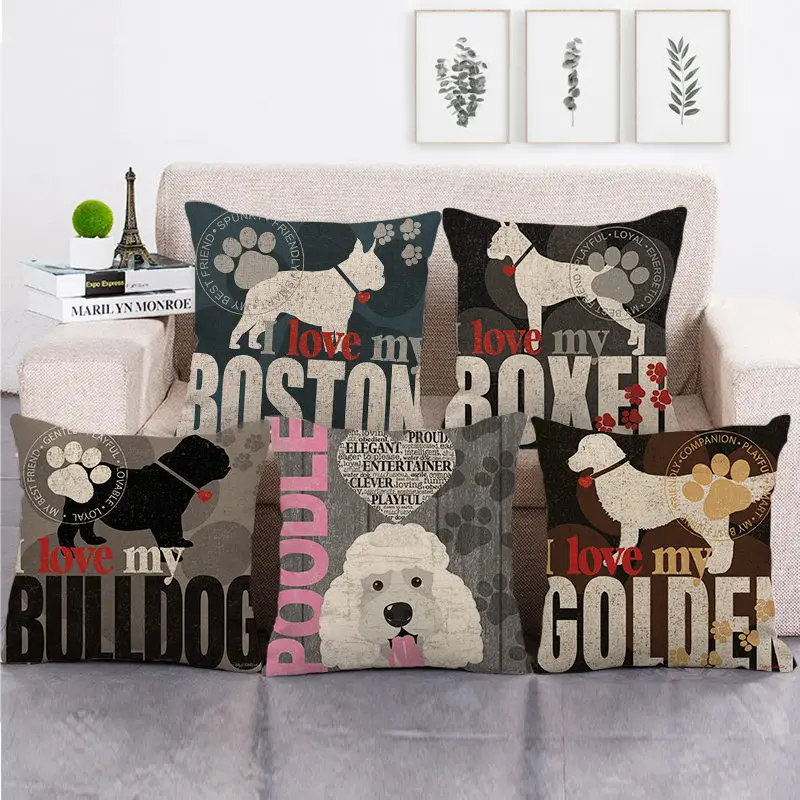

Cute Dog Poster Pillows Case Vintage Pet Cotton Linen Pillowcase for Sofa Bed Living Room Decoration Garden Chair Pillow Cover