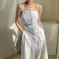 summer dress to restore ancient ways zipper personality wide legged pants double pockets of tall waist strap jumpsuits women