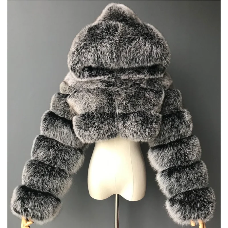 High Quality Furry Cropped Faux Fur Coats and Jackets Women Fluffy Top Coat with Hooded Winter fur jacket manteau femme