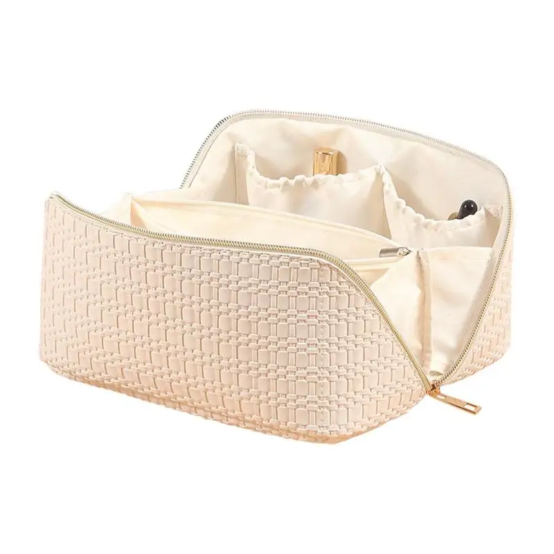 

Multifunction Lay Flat Makeup Bag Waterproof Cosmetic Bag High Capacity Braided Texture Makeup Bag PU Leather For Small Towel