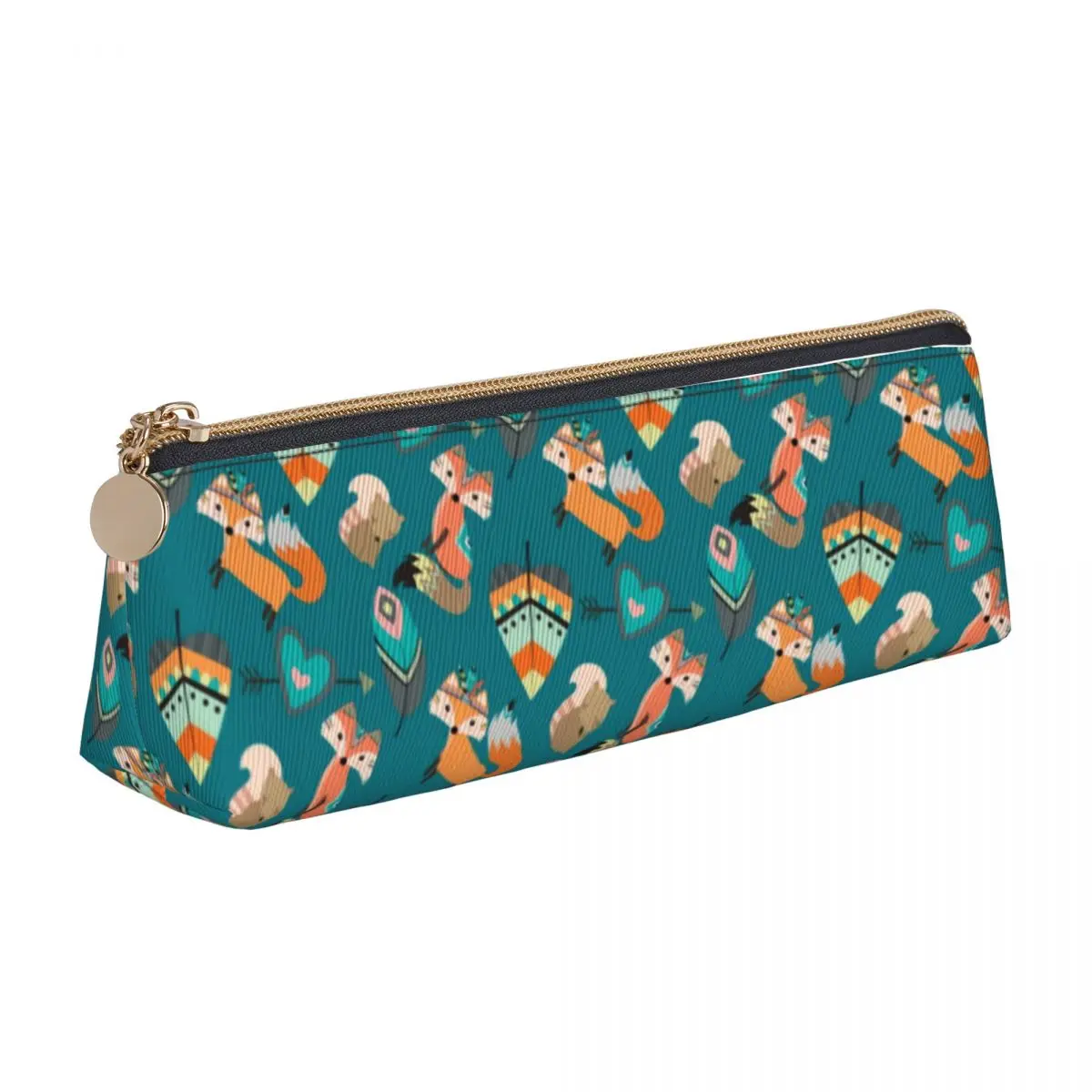 

Teal Tribal Fox Triangle Pencil Case Retro Animal Print Cool Zipper Pencil Box Teenager Stationery Leather Pen Pouch