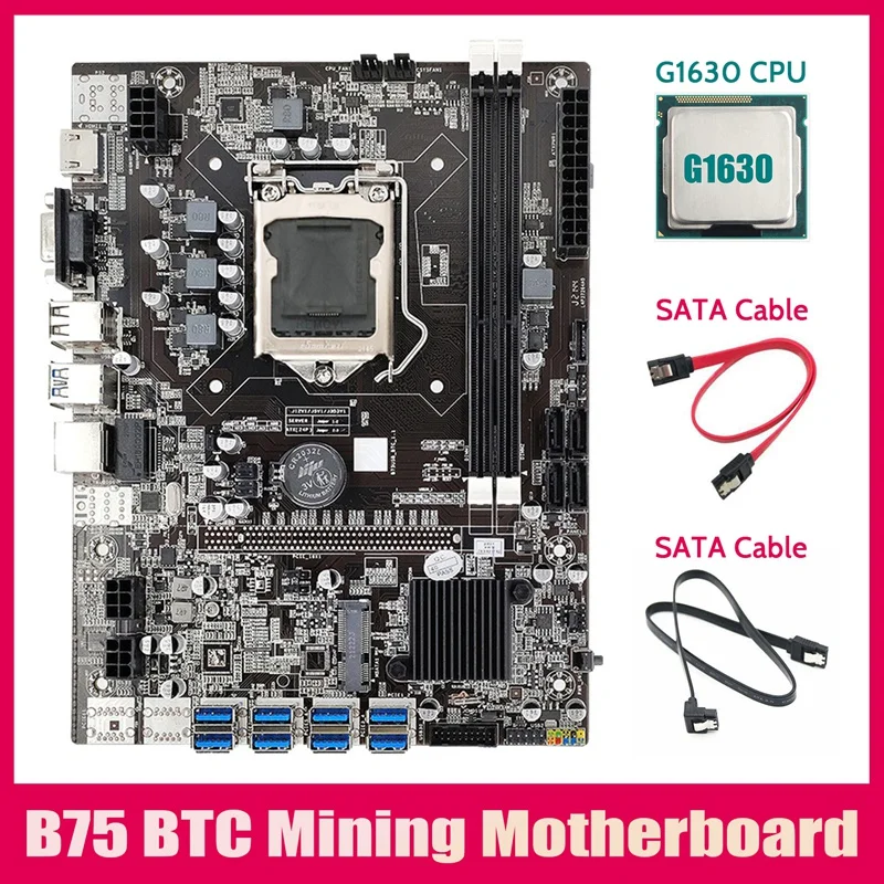 

B75 ETH Mining Motherboard 8XPCIE USB Adapter+G1630 CPU+2XSATA Cable LGA1155 MSATA B75 USB Miner Motherboard