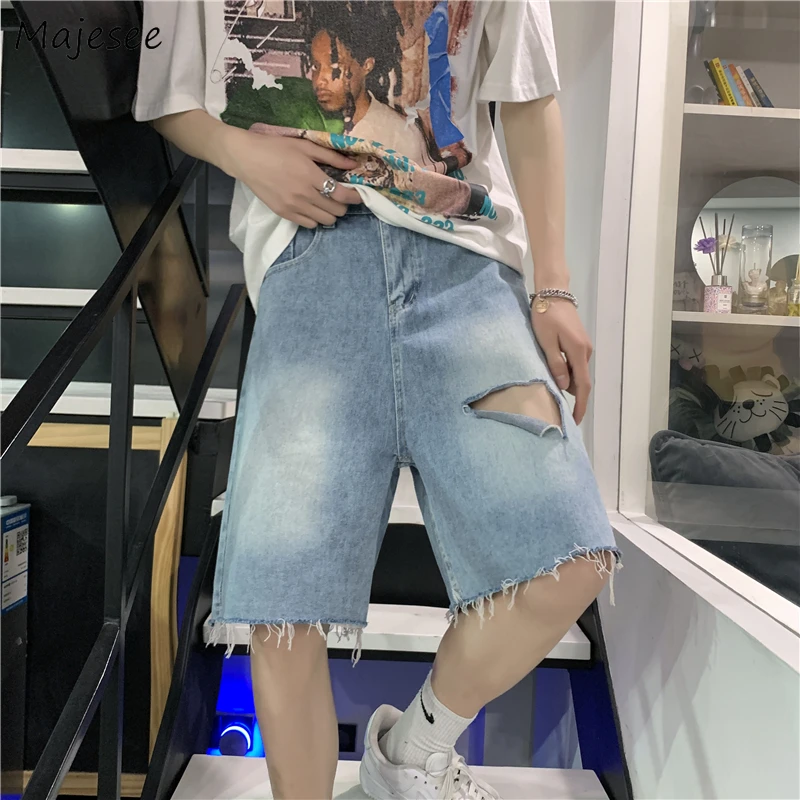 

Shorts Men Retro New Hole Teens Denim Hip Hop Knee Length Summer Zipper Light Blue Simple All-match Popular Casual Student Daily